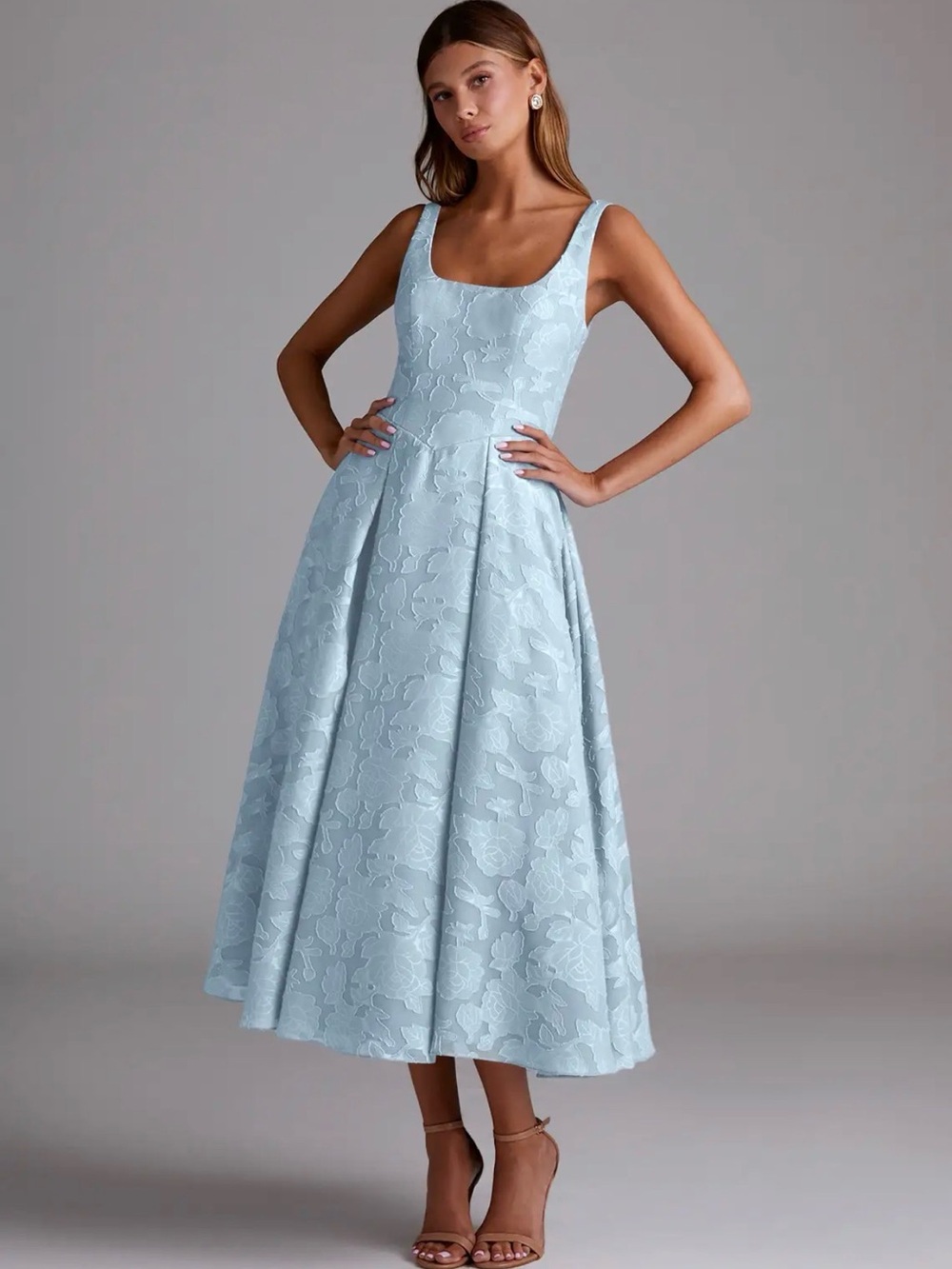 Azazie Light Blue Floral Jacquard Midi Dress